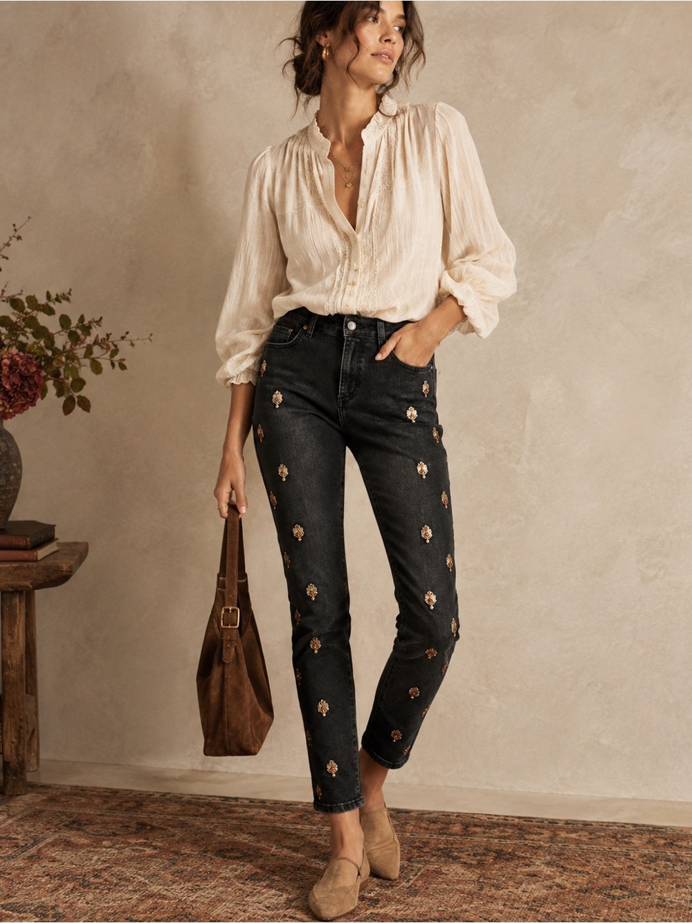 Embroidered Skinny Jeans Anthropologie Pilcro 29 Black Jeweled Fall Denim